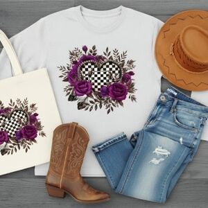 Checkerboard Heart Floral Long Sleeve Shirt • Purple Rose Graphic Top • Trendy